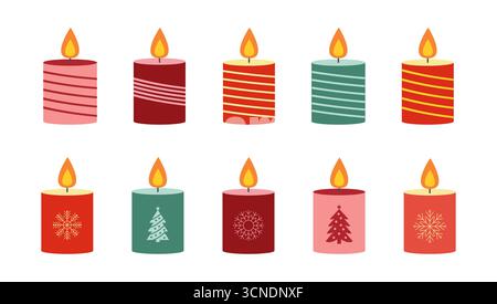 Bougies colorées avec des flammes disposées en rangée sur un fond blanc pour la célébration et les festivités Illustration de Vecteur