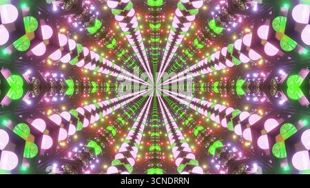 Des lumières vives de différentes couleurs forment un effet tunnel captivant. La conception présente des formes circulaires et des teintes vibrantes, créant un visuel immersif e Banque D'Images