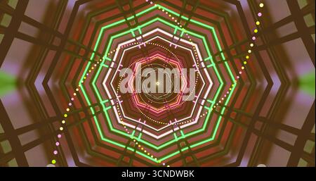 Un motif géométrique éclatant avec des lumières multicolores en spirale vers l'intérieur. La conception crée un effet tunnel fascinant, améliorant la profondeur visuelle Banque D'Images