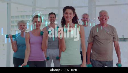 Groupe d'exercice dans des vêtements d'entraînement tenant des haltères légers dans le studio de fitness, avec superposition de graphique Banque D'Images