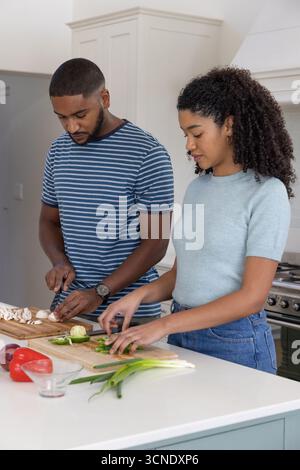 Couple diversifié hachant des légumes sur l'îlot de cuisine à l'aide de planches à découper et de couteaux de chef Banque D'Images