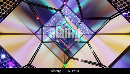 Les lumières vives et les motifs géométriques créent un effet tunnel fascinant. Les couleurs éclatantes se mélangent, conduisant le spectateur dans un visu captivant Banque D'Images