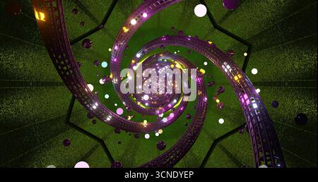 Un design en spirale vibrant met en valeur des lumières colorées tourbillonnant dans un fond vert. Cette pièce d'art numérique captive avec son motif complexe et dyn Banque D'Images