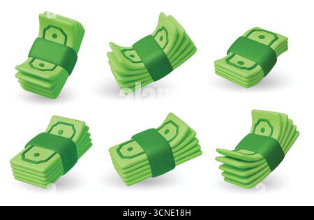 Boîte de monnaie en papier vert. Ensemble de 3D rendu de la pile de dollars US. Argent dollar billet dans le style de dessin animé isolé. Illustration vectorielle Illustration de Vecteur