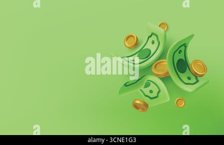 3D tombant des centaines de dollars et des pièces d'or. Monnaie et pièces de monnaie en papier de dessin animé. Contexte des affaires et de l'investissement de réussite. Illustration vectorielle Illustration de Vecteur