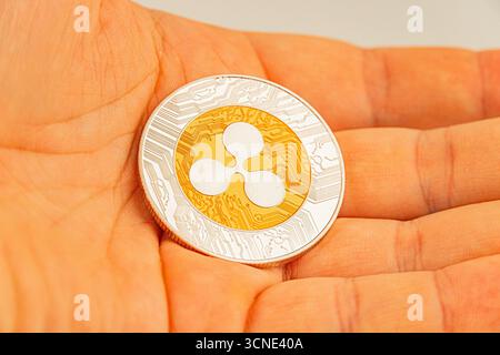 Image en gros plan d'une main tenant un jeton de pièce de monnaie Tether physique, avec le symbole Bitcoin sur son visage et représentant peut-être un objet de collection ou un pro Banque D'Images