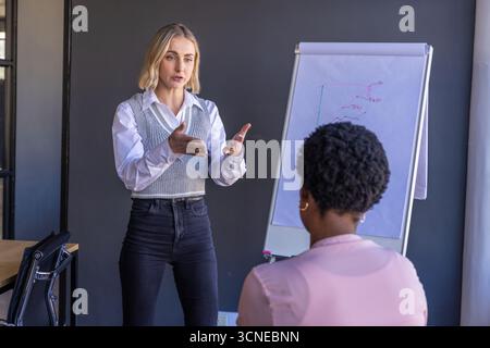 Divers collègues examinent le graphique linéaire sur le tableau de conférence avec table dans la salle de réunion, espace de copie Banque D'Images