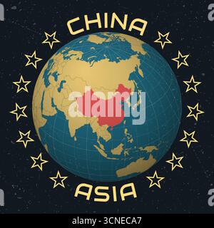 République populaire de Chine sur Globe. Texte rond du nom du pays. Look vintage avec texture grunge rayée. Illustration de Vecteur