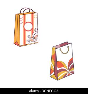 Une illustration vectorielle de deux sacs à provisions rétro. Sacs cadeaux colorés avec des motifs floraux et rayés, isolés sur un fond blanc Illustration de Vecteur