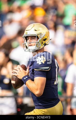 South Bend, Indiana, États-Unis. 20 septembre 2025. CJ CARR - QB #13 - ne DAME - FR se réchauffe avant le match de football de la NCAA entre le #24 notre Dame Fighting Irish et les Purdue Boilermakers au notre Dame Stadium à South Bend, Indiana, le 20 septembre 2025. Notre Dame bat Purdue 56 à 30. (Crédit image : © Justin Sicking/ZUMA Press Wire) USAGE ÉDITORIAL SEULEMENT ! Non destiné à UN USAGE commercial ! Banque D'Images