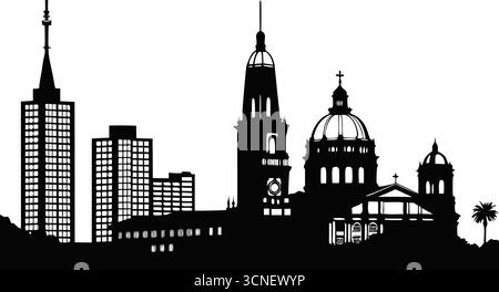 Une silhouette détaillée en noir et blanc d'une ville moderne au crépuscule avec des caractéristiques architecturales importantes Illustration de Vecteur