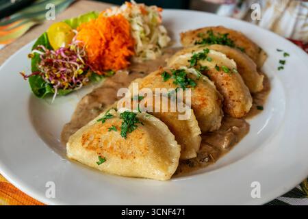 boulettes traditionnelles polonaises frites (pierogi) servies sur une assiette blanche avec de la salade à côté Banque D'Images