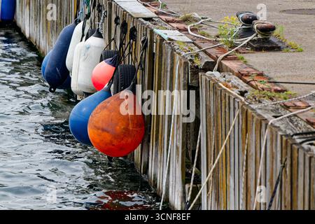 De grandes défenses en caoutchouc et de vieux pneus pendent de planches de bois au quai, protégeant les coques lorsque les bateaux accostent. L'eau calme chevauche le mur tandis que les cordes grincent GE Banque D'Images