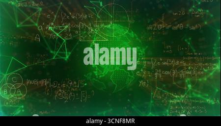 Représentant un globe filaire stylisé planant sur l'interface, avec des équations géométriques venn et nœuds Banque D'Images