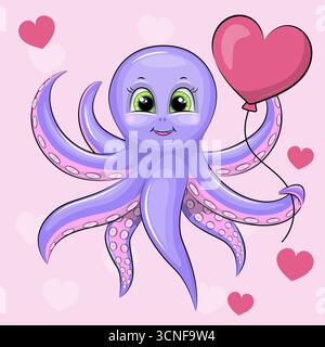 Mignon dessin animé Octopus tenant un ballon en forme de coeur rose. Adorable illustration vectorielle de l'animal sur un fond rose. Illustration de Vecteur