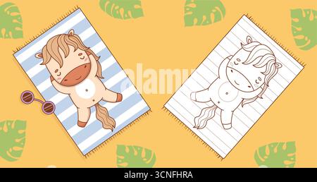 Ensemble de serviettes de plage à motif cheval d'été mignon. Dessin de lignes de contour et de couleurs, Livre de coloriage. Isolé drôle Pony animal dessin animé kawaii Beachgoer. V Illustration de Vecteur