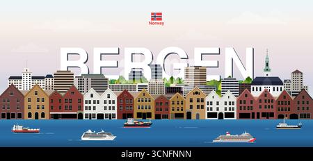 Bergen Cityscape illustration vectorielle colorée avec le nom de la grande ville sur le fond. Affiche tendance de voyage Illustration de Vecteur