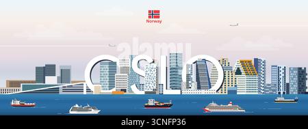 Oslo Cityscape illustration vectorielle colorée avec le nom de la grande ville sur le fond. Affiche tendance de voyage Illustration de Vecteur