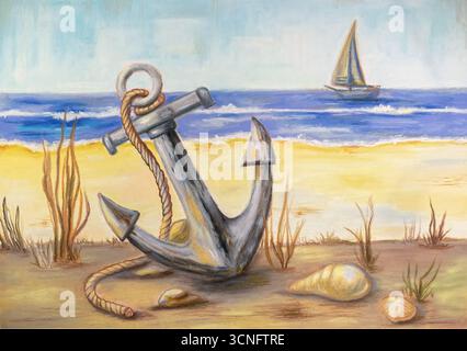 Paysage marin avec ancre et voilier. Peinture traditionnelle sur papier. Banque D'Images