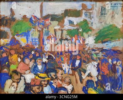 Pablo Picasso, le quatorzième juillet 1901, Paris Bastille Day scène de rue avec drapeaux français et foule animée au début de la période. Illustration de Vecteur