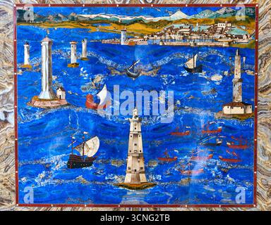 Vue du port de Livourne, 1601-1604, incrustation en pierre semi-précieuse, CRISTOFANO GAFFURRI, sur un dessin de JACOPO LIGOZZI, Galerie des Offices, Galeria degli U Banque D'Images