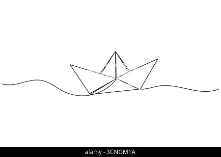 Bateau en papier une ligne dessinant le vecteur de contour minimaliste de navire origami sur fond blanc Illustration de Vecteur