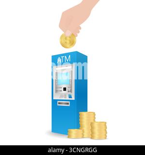 ATM- distributeur automatique de billets avec pile de pièces. Concept d'épargne et d'investissement. Illustration vectorielle. Illustration de Vecteur