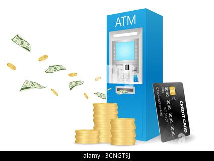 ATM - distributeur automatique avec argent liquide volant, pièces de monnaie et carte de crédit. Concept d'épargne et d'investissement. Illustration vectorielle. Illustration de Vecteur