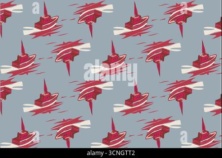 Un motif vectoriel minimaliste avec des bateaux simples rouge cerise avec des accents blanc cassé sur un fond gris bleuté calme. Les bateaux se répètent en diagonale dans Illustration de Vecteur