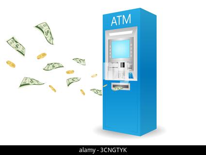 ATM - distributeur automatique de billets avec argent et pièces de monnaie volants. Concept d'épargne et d'investissement. Illustration vectorielle. Illustration de Vecteur
