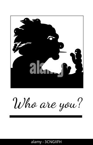 Une silhouette noire très contrastée aux caractéristiques expressives et monstrueuses est associée à la légende manuscrite « qui es-tu ? » dans ce vecteur minimaliste i Illustration de Vecteur