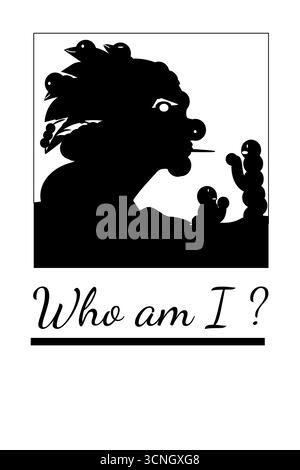 Une silhouette noire frappante avec des caractéristiques abstraites et expressives est associée à la légende manuscrite « qui suis-je ? » dans ce vec minimaliste à fort contraste Illustration de Vecteur