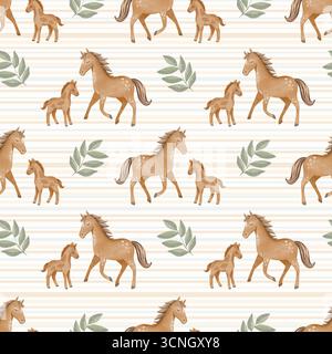 Motif aquarelle sans couture avec cheval et poulain, peint dans un style rustique doux. Parfait pour les textiles, les papiers peints, les dessins pour enfants, la décoration de la ferme Banque D'Images