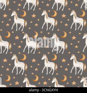 Motif aquarelle sans couture avec cheval, lune et étoiles dans le style de nuit rêveur. Idéal pour les textiles pour enfants, la décoration de crèche, les papiers peints Banque D'Images