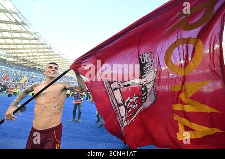 Rome, Italie. 21 septembre 2025. Gianluca Mancini de Roma réagit après le match de football de Serie A entre le Lazio et Roma à Rome, Italie, le 21 septembre 2025. Crédit : Alberto Lingria/Xinhua/Alamy Live News Banque D'Images