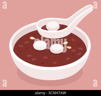 팥죽 Patjuk, soupe traditionnelle coréenne de porridge aux haricots rouges pour le solstice d'hiver (Dongji). Illustration de clip art vectoriel de dessin animé. Illustration de Vecteur