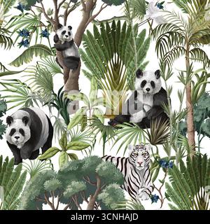 Motif Panda de la jungle sans couture avec feuillage tropical et illustration de la faune exotique Art Illustration de Vecteur