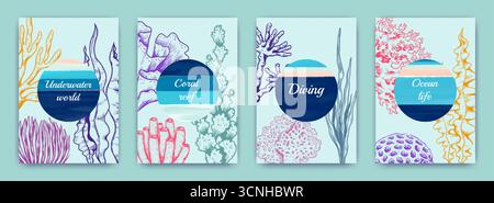 Fond corail. Affiches de plantes marines. Monde sous-marin, empreintes de vie océanique. Eléments marins dessinés à la main. Cartes d'invitation, collection de bannières verticales. Dessin d'esquisse. Modèle d'algues de conception vectorielle Illustration de Vecteur