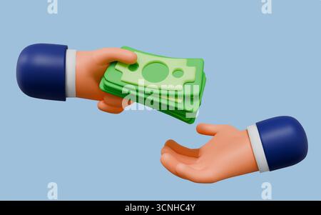Mains tenant de l'argent. Paiement du prêt 3D. Donnez des billets de banque. Payez comptant. Prendre un billet de banque d'un dollar pour l'échange. Les gens rendent les armes. Soudoyer ou acheter de la monnaie. Transfert financier. Affaire homme d'affaires. Concept de vecteur Illustration de Vecteur