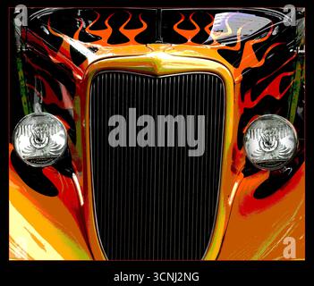 Une image graphique d'une voiture de collection avec un travail de peinture à la flamme frappant est exposée à un salon automobile local. Le design coloré attire l'attention sur son cl Banque D'Images