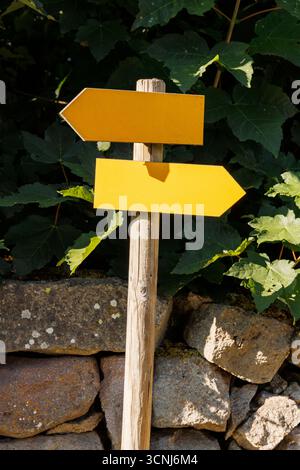 Deux petits panneaux jaunes à remplir, montrant une direction opposée Banque D'Images