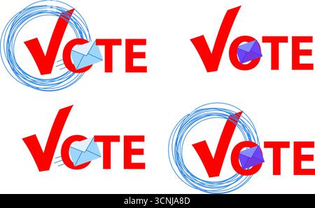 Vote de concept par courrier. Icône enveloppe rouge avec mot bleu vote. Illustration de Vecteur