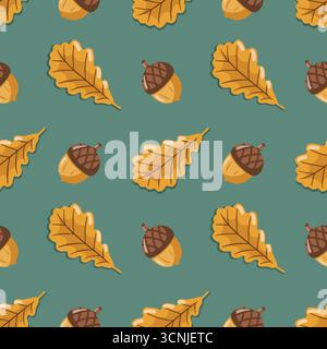Glands chêne feuilles un motif sans couture. Saison d'automne. Fruit de chêne. Glands de bande dessinée plats et feuilles d'automne sur fond turquoise. Illustration de Vecteur