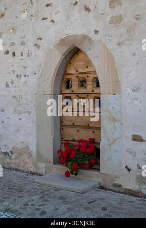 Une porte en bois voûtée ornée de géraniums rouges contre un ancien mur de pierre, créant une scène de charme européen rustique et de beauté intemporelle. Banque D'Images