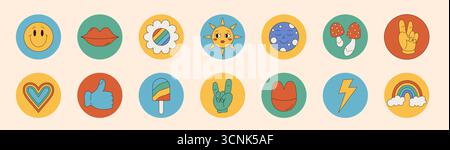 Ensemble d'autocollants ronds rétro Groovy Illustration de Vecteur