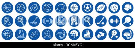 Une collection vibrante d'icônes sportives sur fond bleu, mettant en vedette diverses activités sportives comme le basketball, le soccer et le baseball. Idéal pour Illustration de Vecteur