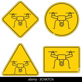 Une collection de panneaux d'avertissement avec des symboles de drone dans diverses formes géométriques. Ces panneaux soulignent l'importance de la sécurité et de la sensibilisation aux drones. Illustration de Vecteur