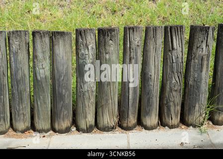 Les poteaux en bois altérés forment une clôture rustique le long d'une zone herbeuse, montrant des textures naturelles et des détails vieillis dans un cadre extérieur. Banque D'Images