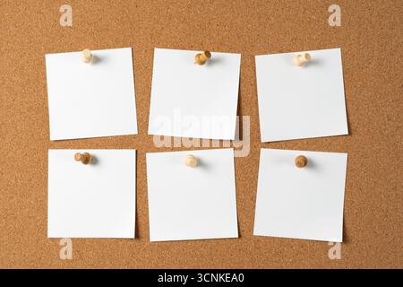 Six notes blanches vierges épinglées à un panneau d'affichage en liège avec des punaises en bois, créant un espace pour des rappels, des messages ou des idées dans une mise en page organisée. Banque D'Images