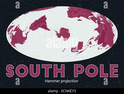 Pôle Sud. Carte du monde. Projection du marteau centrée sur le pôle Sud. Palette Pink foncé menthe pâle. Texture vintage. Illustration vectorielle vivante. Illustration de Vecteur